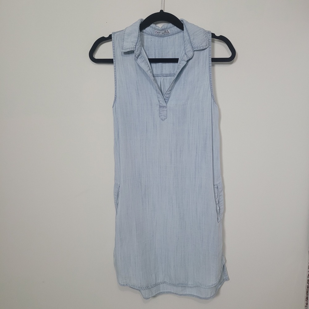 Dex XS Shirt Dress Womens Light Wash Blue Sleeveless‎ Tencel Collared Pockets